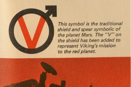 <p><strong>Figure 1.4</strong> The logo for Viking I, which achieved the first successful landing on Mars on July 20, 1976, uses the symbol for Mars combined with a V. Source: <em>Viking Overview Booklet</em> by Martin Marietta, via VMMEPP</p>