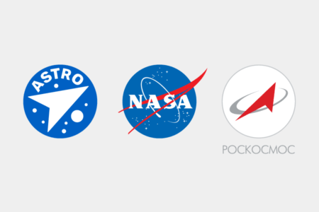 <p><strong>Figure 1.2</strong> From left to right: the Tente Astro logo, the NASA logo, and the current Roscosmos logo.</p>