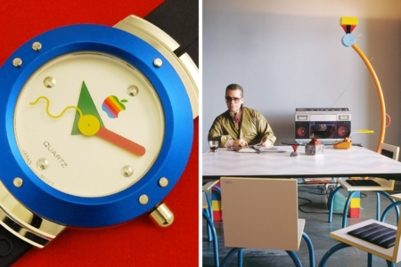<p><strong>Figure 2.4</strong> Examples of Memphis design — a special edition Apple watch designed in the early 90s (left) and the 1981 Treetops lamp by Sottsass seen in a photo with Karl Lagerfeld, who collected Memphis pieces (right). Sources: <em>Pinterest, </em><em>Memphis-Milano.org Flickr</em></p>