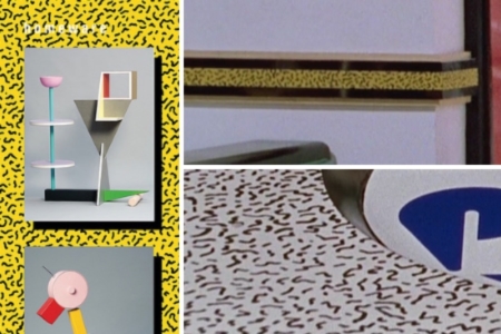 <p><strong>Figure 2.5</strong> The Memphis squiggle pattern (left) makes an appearance in the Formica we see in Cafe 80s, on its wainscoting rail along the walls (top right) and on its countertops (bottom right).</p>
