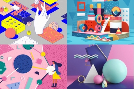 <p><strong>Figure 3.2</strong> Evidence of 80s design appeal can be seen in contemporary illustration work. Examples: Clockwise from top left, Intercom blog art by Mercedes Bazan, 3D art by Peter Tarka for Ueno agency branding, 3D art by Philip Lück for Zehn Socks, and New York Times illustration by Yukai Du.</p>