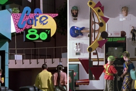 <p><strong>Figure 2.3</strong> The Cafe 80s logo on signage (left) and the robotic waiter (right), which has the pink triangle from the logo repeated in its design</p>