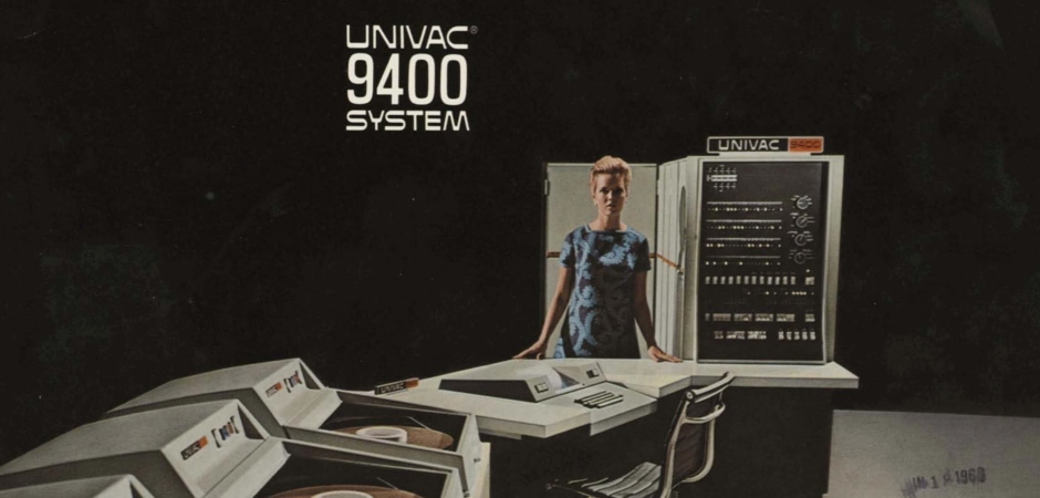 <p><strong>Figure 9.1</strong> From the logotype styling and placement, to the beige and black colors used on the computer cabinets and terminals, this 1969 UNIVAC System seems to have inspired the design of Colossus in more ways than one. Source: Computer History Museum</p>
