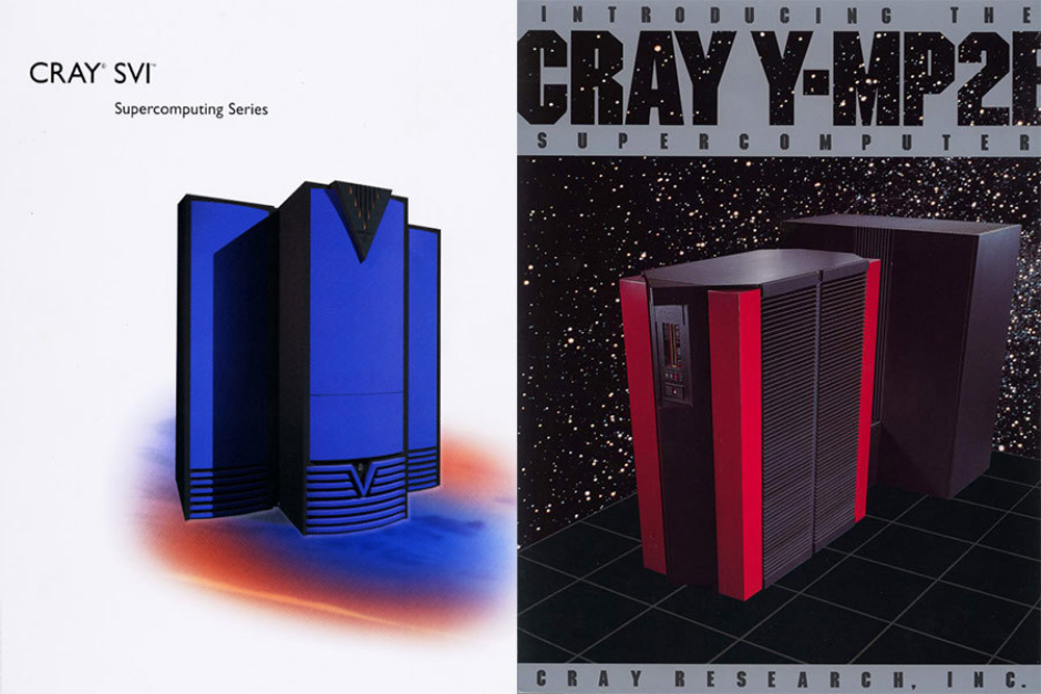<p><strong>Figure 10.6</strong> Brochure covers for Cray SV1 and Y-MP2E. Source: Cray FAQ</p>