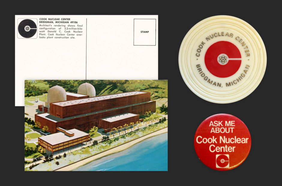 <p><strong>Figure 3.7</strong> Left: Cook Nuclear logo as it appeared on a postcard, featuring an illustration of the plant and visitor’s center. Right: Promotional drink coaster and pinback button featuring the Cook Nuclear logo in red. Source: Roger Strunk</p>