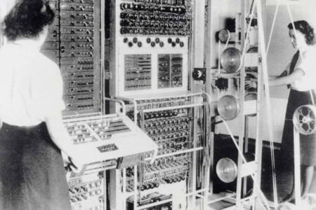 <p><strong>Figure 2.2</strong> Colossus Mark 2 computer being operated by “Wrens” Dorothy Du Boisson (left) and Elsie Booker (right). Source: Wikipedia</p>