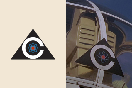 <p><strong>Figure 3.1</strong> Detail views of the Colossus logo. Left: Vector approximation of the design. Right: Original design seen on a helicopter, from an early scene following the activation of Colossus.</p>
