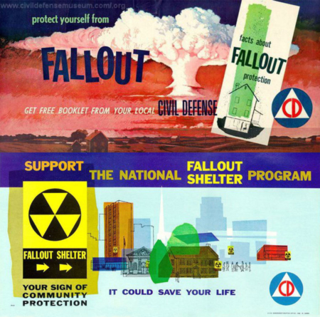 <p><strong>Figure 3.4 </strong>The identifying marks for Civil Defense and Fallout Shelters, as seen on these posters, are familiar to those who lived through the Cold War era. Both relate to atomic warfare and feature the triangle shape in their designs. Source: Civil Defense Museum www.civildefensemuseum.com</p>