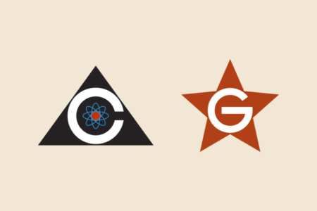 <p><strong>Figure 5.2</strong> The Colossus logo next to the logo for Guardian, which consists of a white capital G tightly framed by a Communist red star.</p>