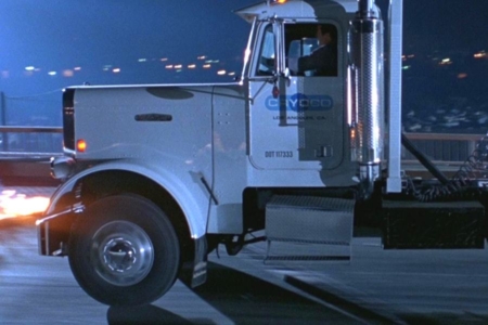 <p><strong>Figure 1.1</strong> The Cryoco truck slams on its brakes to avoid crashing into the burning helicopter wreckage, from which the T-1000 emerges.</p>