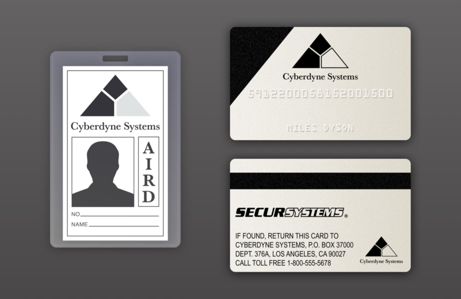 <p><strong>Figure 6.1</strong> Approximations of the Cyberdyne Systems employee badge and security card. The badge is reconstructed from what is seen on screen, minus the photo, employee number and signature of Miles Dyson. The front and back of the security card are accurate reconstructions, as they were recreated based on photos of the screen used prop, which was auctioned online.</p>