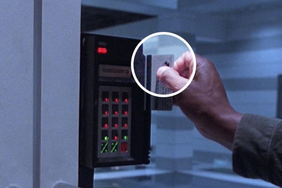 <p><strong>Figure 6.3</strong> There are a number of instances where Miles Dyson swipes his security card to gain access to the lab, and the logo is visible on the back.</p>