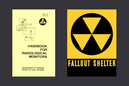 <p><strong>Figure 10.5</strong> Left: The Civil Defense logo on nuclear war preparedness material. Right: The symbol for fallout shelters.
</p>