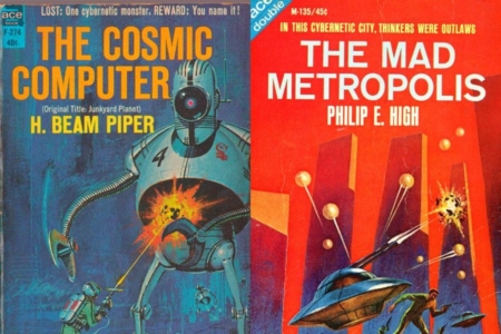 <p><strong>Figure 8.1</strong> Vintage sci-fi took cybernetics and ran with it, crediting it with killer robots and oppressive cities controlled by computers. Source: Covers from <em>The Cosmic Computer</em> (1964) and <em>The Mad Metropolis</em> (1966) </p>