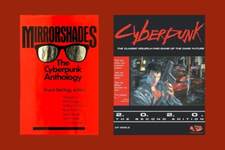 <p><strong>Figure 8.3</strong> The 1980s would see the emergence of the Cyberpunk, as a subgenre of sci-fi. Source: Cover from <em>Mirrorshades</em> (1986) and <em>Cyberpunk</em> RPG (1988)</p>