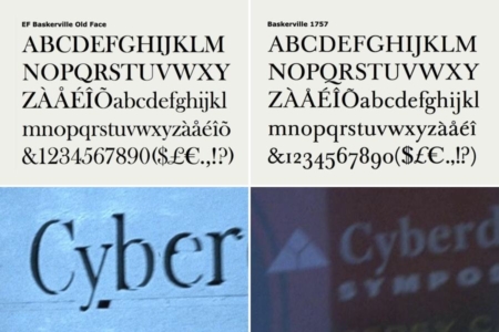 <p><strong>Figure 11.3</strong> The Cyberdyne Systems wordmark is typeset in Baskerville (right), but I’ve noticed that in at least one place, on exterior signage, Baskerville Old Face was used (left).</p>
