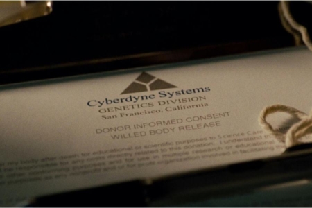 <p><strong>Figure 12.1</strong> The Cyberdyne Systems Genetics Division logo that appeared in <em>Terminator: Salvation</em> on a donor release form.</p>
