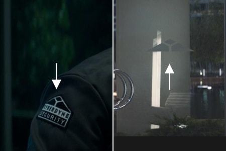 <p><strong>Figure 12.3</strong> In the lobby scene from <em>Terminator: Genisys</em>, we see the Cyberdyne mark on security personnel patches and on the doors.</p>