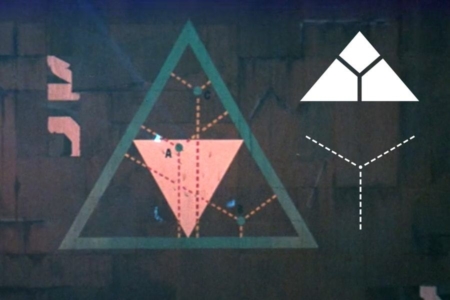 <p><strong>Figure 10.8</strong> The green triangle that the red Lectroids are targeting their spacecraft on, contains elements bearing some resemblance to what we find in the Cyberdyne mark. Source: <em>The Adventures of Buckaroo Banzai Across the 8th Dimension</em></p>