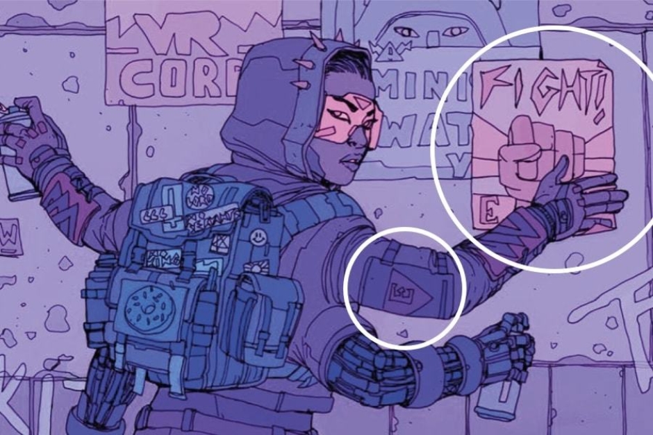 <p><strong>Figure 2.1</strong> Here the E insignia is seen on Sai’s armband, and on the subversive poster she is pasting to the wall.</p>