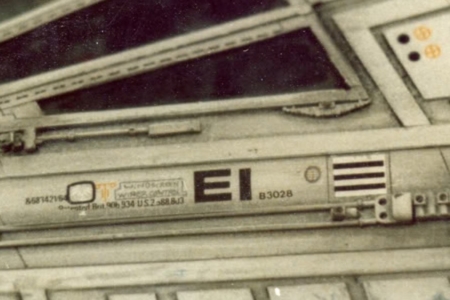 <p><strong>Figure 1.3</strong> A close-up view reveals “E1” below the viewport on both sides of the shuttle, but it isn’t using the logo — these instances are typeset in Eurostile Extended Bold. Source: <em>Alien: The Archive</em></p>
