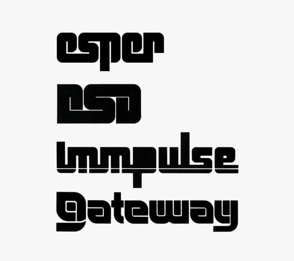 <p><strong>Figure 3.9</strong> The Esper logotype stacked up with real-world computer technology logotypes from the early- to mid-1980s. Source: <em>High Tech Trademarks Vol. 1 and 2</em></p>