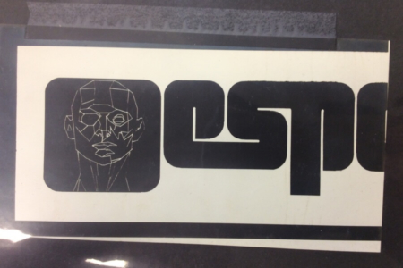 <p><strong>Figure 3.2</strong> A clipping of the Esper logo as it was presented, in black and white. Photo by Tom Southwell</p>