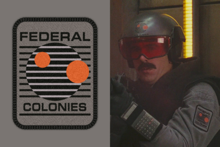 <p><strong>Figure 1.2</strong> Detail views of Federal Colonies logo. Left: Vector approximation of the design. Right: Logo as worn by soldier with mustache.</p>