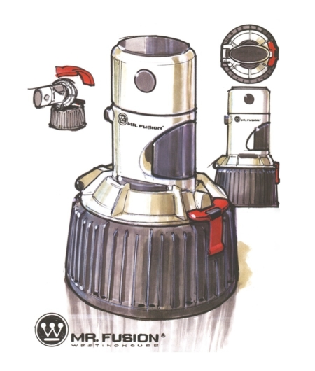 <p><strong>Figure 3.2</strong> Michael Scheffe’s original sketches show the Mr. Fusion as a Westinghouse product, which employs the Westinghouse symbol and name in its logo lockup. Source: <em>Back to the Future: The Ultimate Visual History</em></p>