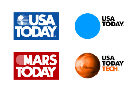 <p><strong>Figure 2.1</strong> Left: The <em>USA Today</em> logo as it appeared in 1990 and the fictional <em>MARS Today</em> logo from the 1990 film <em>Total Recall</em>. Right: The current <em>USA Today</em> logo and a TECH variant featuring the planet Mars, both from the redesign that went into effect in 2012. </p>