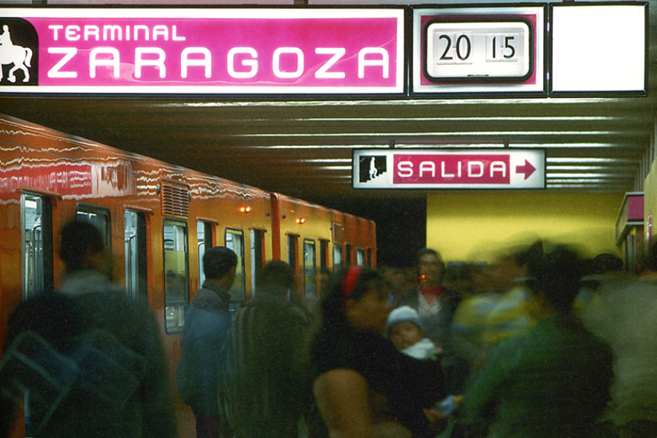 <p><strong>Figure 3.2</strong> The Mexico City Metro where <em>Total Recall’s</em> Metro scenes were shot, in its original colors with wayfinding signage designed by Lance Wyman. Source: <em>Lance Wyman: The Monograph</em></p>