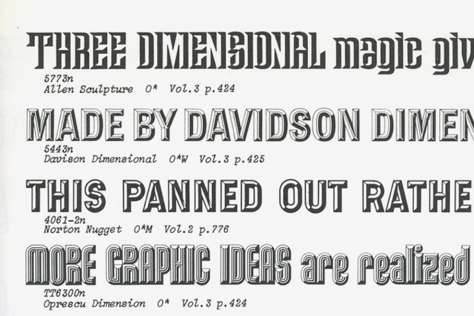 <p><strong>Figure 4.3</strong> Looking at vintage phototype from the 60s, the chiseled Allen Sculpture (top) uses a subtractive treatment similar to what we see in the Metrokab logo. Source: <em>Photo-Lettering’s One Line Manual of Styles</em></p>