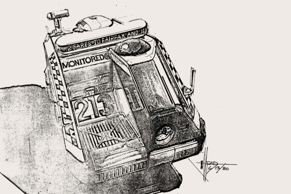 <p><strong>Figure 5.1</strong> Front view of the cab as drawn by artist Syd Mead, which shows the destination on a roof-mounted marquee and checkers on the sides. Image courtesy of Tom Southwell.</p>