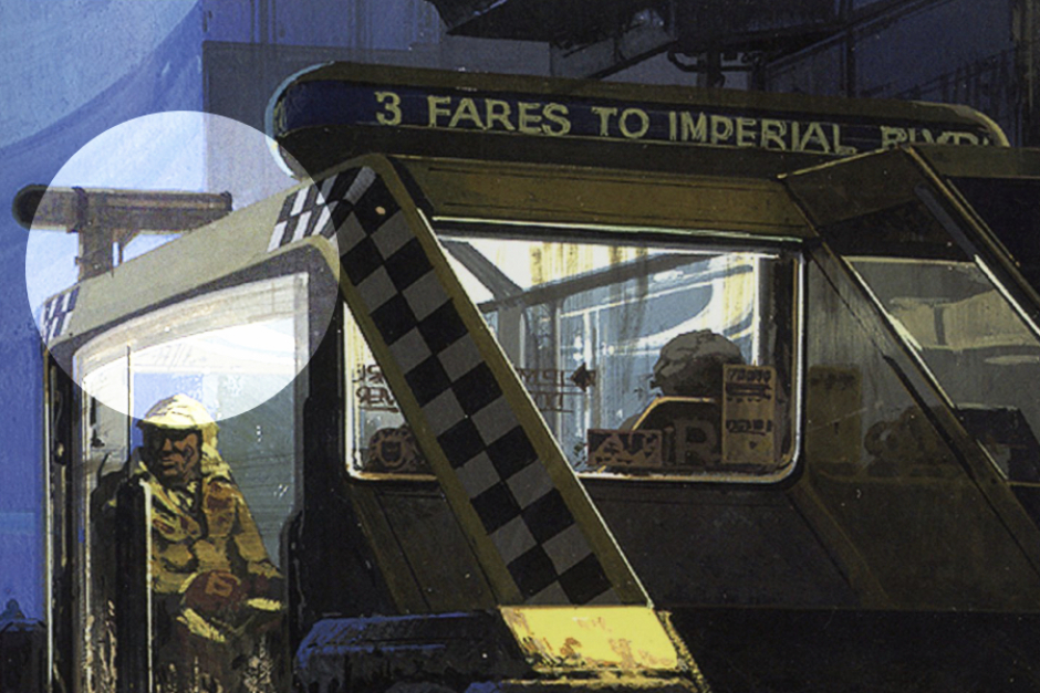 <p><strong>Figure 5.2</strong> Syd Mead’s designs for the cab had checkers, but no name/logo. Tom Southwell added stripe borders and used the blank space for a logotype. Source: <em>The Movie Art of Syd Mead: Visual Futurist</em></p>