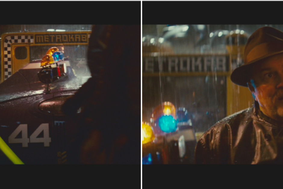 <p><strong>Figure 2.2</strong> Clear views of the Metrokab’s side with logo can be found in the traffic passing behind Bryant, when he meets Deckard on the scene.</p>