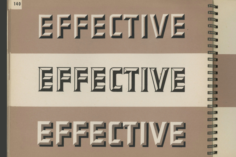 <p><strong>Figure 4.1</strong> Chiseled type like what is pictured here, from the 1938 book <em>New Letters and Lettering</em>, is built on the same dimensional form that Metrokab’s logo is — all we need to do is subtract the shaded facets.</p>