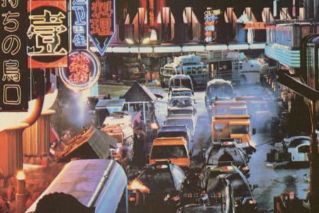 <p><strong>Figure 1.1</strong> The crowded streets of Los Angeles, where the earthbound Metrokab is a common sight. Source: <em>The Blade Runner Souvenir Magazine</em></p>