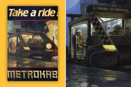 <p><strong>Figure 3.5</strong> One of several prop posters Tom Southwell created to add clutter to street scenes. Poster Image: Courtesy of Tom Southwell. Right Image Source: <em>The Movie Art of Syd Mead: Visual Futurist</em></p>