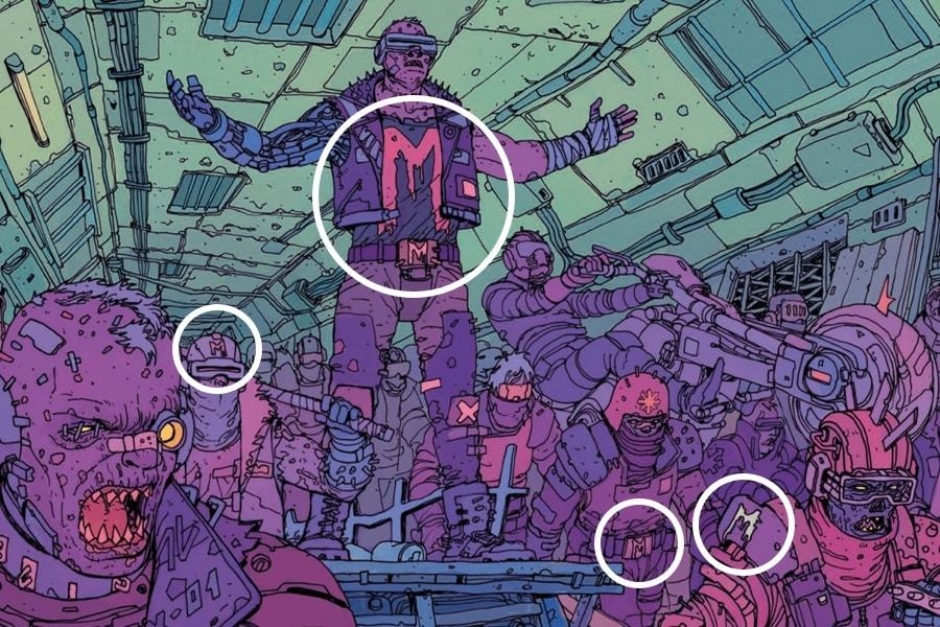 <p><strong>Figure 2.1</strong> The Mutants paint the “M” on shirts, helmets and body armor. Some wear an “M” on their belt buckles.</p>