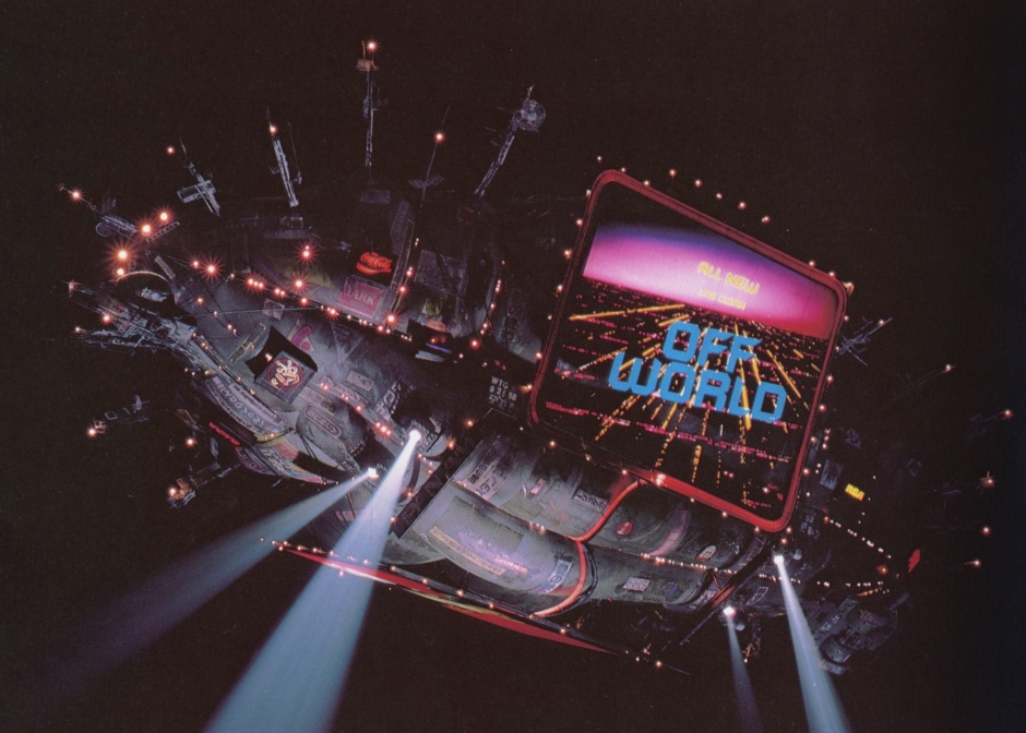 <p><strong>Figure 2.2</strong> A look at the Off-world advertisement typography in context, as it appeared on the blimp’s billboards. Source: <em>Blade Runner: The Inside Story</em></p>