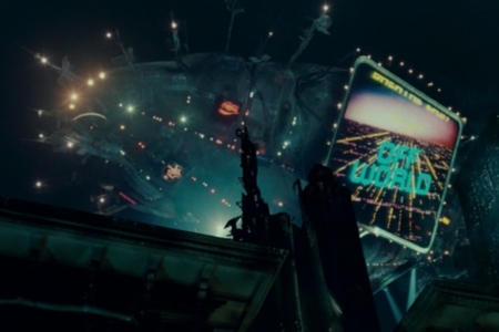 <p><strong>Figure 1.1</strong> An image from the film, showing the Off-world colonies as advertised on a massive blimp.</p>