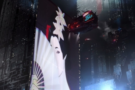 <p><strong>Figure 1.4</strong> The Off-world ad as it seen on a blimp in the anime short, just prior to the blackout event of 2022. Source: <em>Black Out 2022</em></p>