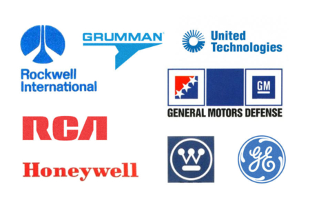 <p><strong>Figure 2.2</strong> Examples of 1980s era corporations operating as defense contractors, many of which are household names in American society. Use of the color blue seems to be the most popular, followed by red.</p>