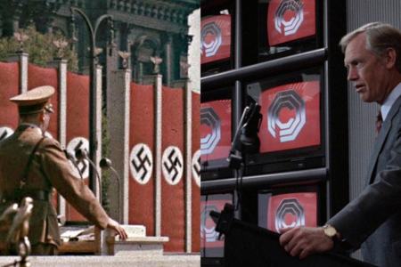 <p><strong>Figure 2.3</strong> Left: Hitler addressing a crowd, with banners bearing the Nazi symbol arrayed beside him. Right: Dick Jones addressing the boardroom, with monitors bearing the OCP logo arrayed beside him.</p>