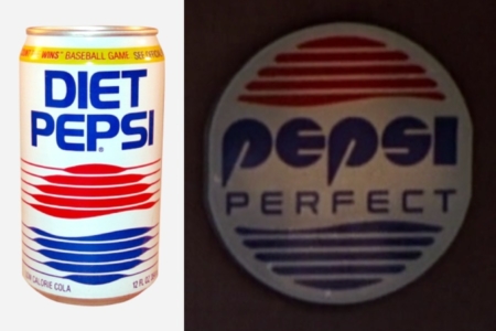 <p><strong>Figure 3.4</strong> Left: A 1987 Diet Pepsi can, featuring a Pepsi globe implied by the thickening of horizontal lines. Right: One version of the 2015 Pepsi Perfect logo, that uses a Pepsi globe consisting of the same number of horizontal lines — 5 above and below. Image Source for Can: <em>CanPedia</em></p>
