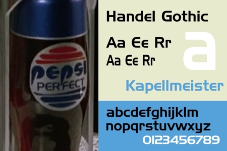 <p><strong>Figure 3.5</strong> Left: The Pepsi Perfect product logo as it appears on bottles. The Pepsi globe has fewer lines slicing through it, and PERFECT is typeset in Handel Gothic, a typeface similar in style to the lettering used in the 1987 Pepsi logo. Specimen Source: <em>Wikipedia</em></p>