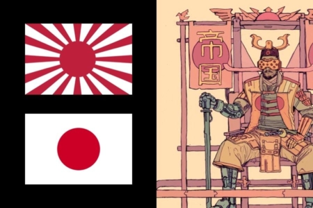 <p><strong>Figure 3.2</strong> The Red Sun Empire is inspired by the Empire of Japan, and we see it use graphics inspired by the Rising Sun Flag (top-left) and the current Japanese flag (bottom-left). Source: Wikipedia</p>