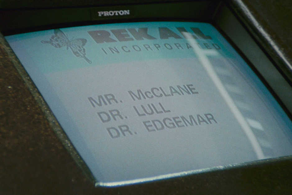 <p><strong>Figure 2.3</strong> The Rekall Incorporated logo on an info console in the lobby, the only time it is seen in the film.</p>