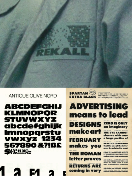 <p><strong>Figure 1.2</strong> While I found no exact match, the Rekall type shares characteristics of sans serif typefaces like Antique Olive Nord and Spartan Extra Black (a knock-off of Futura).</p>