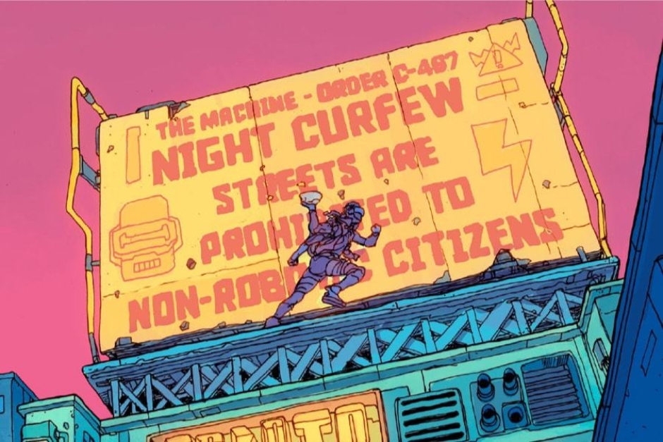 <p><strong>Figure 3.3</strong> The urban landscape of Robo-City 16 is filled with neon and billboards, much of it featuring propaganda of the Ministry of Information.</p>